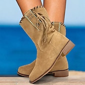 cheap Cowboy &amp; Western Boots-Women&#039;s Beige Suede Western Boots with Fringe and Studded Details – Casual Cowgirl Style for Outdoor and Festival Wear
