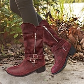 preiswerte Vintage Stiefel-Rote Vintage-Kunstlederstiefel für Damen – stilvolles kniehohes Design mit doppelten Schnallenriemen, seitlichem Reißverschluss und bequemer Sohle – perfekt für Herbstmode und Freizeitausflüge