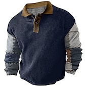 billige Color Block Polo for menn-Herre Ruter Golf skjorte Langermet Poloskjorter Skjorter med krage Årgang Fritid Ferieklær Formell klær Festivalklær Knapper 3D-utskrift Høst vinter Mørk Marineblå Blå Brun