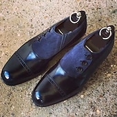 cheap Formal-Men&#039;s Blue Faux Leather Oxford Shoes with Suede Detailing – Elegant Lace-Up Dress Shoes for Formal Events and Business Occasions