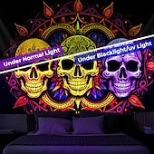 cheap Halloween Wall Tapestries-Halloween Blacklight Tapestry UV Reactive Glow in the Dark Glow Party Neon Skulls Totem Psychedelic Trippy Misty Hanging Tapestry Wall Art Mural for Living Room Bedroom