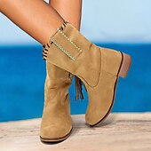 cheap Cowboy &amp; Western Boots-Women&#039;s Beige Suede Western Boots with Fringe and Studded Details – Casual Cowgirl Style for Outdoor and Festival Wear
