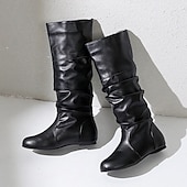 levne Slouch Boots-dámské černé kozačky pod kolena - ležérní kozačky z umělé kůže na plochém podpatku na podzim a zimu