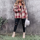 cheap Sherpa Jackets-Women&#039;s Shirt Blouse Fashion Plaid Buttons Pocket Print Long Sleeve Regular Tops Shirt Collar Casual Black Red Green Khaki Spring &amp;  Fall