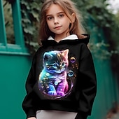 billiga Flickans 3D-djur-Flickor 3D Katt Huvtröja Pullover Långärmad 3D-tryck Höst Vinter Aktiv Mode söt stil Barn 3-12 år Huva Utomhus Ledigt Dagligen Normal