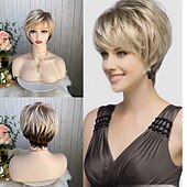 cheap Older Wigs-Curly Ombre Blonde Pixie Cut Wigs for White Women,Layered Wig Brown to Blonde Gradient Short Pixie Bob Cut Wig with Bangs Short Cute Wig for Women Highlight Wig(Ombre Brown to Blonde)