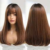economico Parrucche trendy sintetiche-Parrucche lunghe diritte marrone scuro da 20 pollici con frangia per le donne parrucche sintetiche resistenti al calore senza pizzo per l&#039;uso quotidiano in cosplay