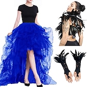 billiga Outfits-set med tyll tutu kjol fjäder cape spetshandskar 3 st hög midja dam hög midja hög låg lager tyll golvlängd kjol fjäder sjalar outfits elak kostym punk gothic halloween fest karneval