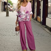 billiga Tvådelade set-Kvinnors 2 Delar Mode Skjorta Byxor Set Vida Byxor Lång Ärmar Rund Hals Blommigt Tryck Casual Daglig Rosa Blå Grön Vår  Höst Reglerad Passform