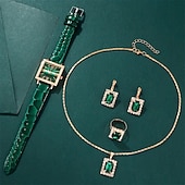 ieftine Ceasuri Quartz-Set 5 buc. Ceas pentru femei Ceas vintage cu cadran pătrat Quartz Ceas analogic Verde și set de bijuterii cu rhinestone Cadou de Ziua Mamei pentru mama ei