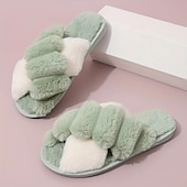 preiswerte Damenslipper &amp; Flip-Flops-Flauschige Plüsch-Hausschuhe mit Querriemen für Damen – weiche Hausschuhe aus Fleece für den Innenbereich für Komfort und Wärme