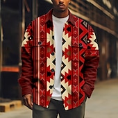 cheap Men&#039;s Shirt Jacket-Men&#039;s Bohemian Argyle Bandana Print Shirt Shirt Jacket Long Sleeve Vintage Outdoor Vacation Casual Daily Fall &amp; Winter Lapel Buttons Pocket Print Red Brown Green Coffee