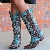 levne Cowboy &amp; Western Boots-dámské tyrkysové a hnědé westernové kovbojské boty z umělé kůže se zdobením a cvočkovými detaily - vysoké boty ke kolenům pro rodeo a festivalové nošení
