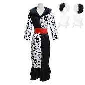 abordables Déguisements pour femmes-cent et un dalmatiens cruella de vil robe mascarade film de femmes cosplay vacances robe noire 1 ceinture carnaval mascarade polyester avec perruque