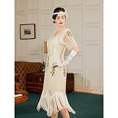 cheap Outfits-Retro Vintage Roaring 20s 1920s Flapper Dress Outfits Accessories Set The Great Gatsby Wedding Guest Sequins Tassel Fringe Sequin Tassel V Neck Women&#039;s Halloween Carnival Masquerade Carnival Party