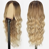 economico Parrucche trendy sintetiche-Parrucca bionda per donna parrucca bionda lunga ondulata in pizzo, parrucca bionda sintetica con parte centrale, parrucche bionde ombre per la festa quotidiana