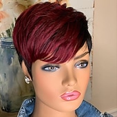 baratos Perucas de Qualidade Superior-elegante peruca bob reta avermelhada para mulheres - peruca sem cola com corte pixie para cabelos curtos