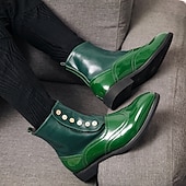 cheap Dress Boots-Men&#039;s Vintage Green Leather Button Boots - Stylish Wingtip Brogue Ankle Boots with Patent Leather Finish