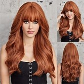 economico Parrucche trendy sintetiche-Parrucche ricce lunghe morbide e naturali da 22 pollici, parrucche marrone chiaro con frangia, parrucche per donne per la vita quotidiana