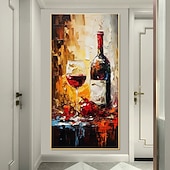 cheap Still Life Paintings-Bottle of Wine Painting Handpainted Glass of Wine Original Art Red Wine Home Room Wall Decor Kitchen Art  Modern Rolled Canvas No Frame