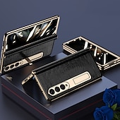 cheap Samsung Cases-Leather Phone Case for Samsung Galaxy Z Fold 5 4 3 Fold4 Fold5 Gold Plating Magnetic Hinge Stand Back Cover with Mirror Film
