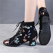 abordables Chaussures de danses latines-chaussures de danse à lacets à fleurs noires pour femmes – talon bas confortable, parfait pour la danse latine, de salon et sociale