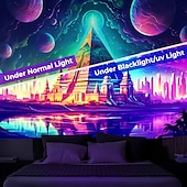 preiswerte Blacklight -Wandteppiche-Schwarzlicht-Wandteppich, UV-reaktiv, leuchtet im Dunkeln, Glow Party, Neon, trippige, neblige Pyramide, Ägypten, Wandteppich, Wandbild für Wohnzimmer, Schlafzimmer