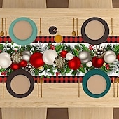 baratos Decoração de Natal-corredor de mesa vermelho, decoração de mesa sazonal em estilo fazenda de férias de inverno
