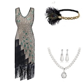 baratos Conjuntos-Retro Vintage Loucos anos 20 Anos 20 Vestido melindroso Roupa Conjunto de acessórios O Grande Gatsby Convidado do casamento Paetês Franjas Lantejoula Franjas Decote V Mulheres Dia Das Bruxas Carnaval