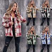 cheap Sherpa Jackets-Women&#039;s Shirt Blouse Fashion Plaid Buttons Pocket Print Long Sleeve Regular Tops Shirt Collar Casual Black Red Green Khaki Spring &amp;  Fall