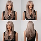 economico Parrucche trendy sintetiche-evidenzia parrucca bionda marrone con frangia parrucche diritte naturali di media lunghezza per donne parrucche sintetiche in fibra resistente al calore per cosplay quotidiano