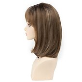 abordables peluca vieja-Pelucas cortas en capas de bob rubio ombre para mujeres blancas, peluca de pelo liso sintético con resaltado blanco mezclado rubio con flequillo, pelucas de longitud media para mujeres, peluca de