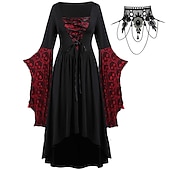 abordables Conjuntos-Conjuntos con vestido medieval con mangas acampanadas de encaje tatuaje gargantilla collar 2 piezas retro vintage punk estilo gótico brujas trajes mujer cosplay disfraz carnaval fiesta casual diario