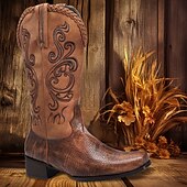 levne Cowboy &amp; Western Boots-pánské westernové kovbojské boty – hnědá umělá kůže s vyšívanými vzory a krokodýlí texturou pro vintage styl