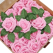 economico Piante e Fiori Artificiali-Confezione regalo 25/50 pz/set 8 cm rosa artificiale con foglie 25 50 scatole di decorazioni floreali per la casa decorazione di nozze