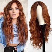 economico Parrucche trendy sintetiche-parrucca ondulata lunga ombre castano ramato per donna parrucca riccia parte centrale da 26 pollici parrucca in fibra sintetica resistente al calore dall&#039;aspetto naturale per l&#039;uso quotidiano nelle