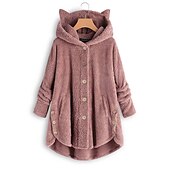 preiswerte Texturierte Kapuzenpullover &amp; Sweatshirts-Damen Übergroße Feste Farbe Warm Teddy Fuzzy Langarm Kapuzenpullover Lange Oberteile Strasse Casual Knopf Tasche Schwarz Gelb Rosa Wein Kaffee Herbst Winter