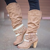 olcso Slouch Boots-női bézs lompos, térdig érő csizma csattal és szegecsekkel, vintage western stílusú őszi és téli alkalmi viselethez