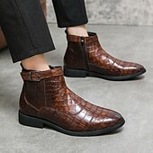 baratos Botas de vestir-Botas masculinas de couro sintético com padrão de crocodilo marrom, fivela e zíper lateral – botas sociais elegantes para uso formal e casual