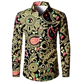preiswerte Ethnisches Muster-Herren Hemd Knopfhemd Langarm Brautkleider schlicht Boho Freizeitskleidung Ausgehen Herbst Winter Umlegekragen Bedruckt Button-Down Schwarz Dunkelmarine Beige