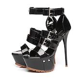 economico Sandali con Piattaforma-sandali con tacco a spillo in vernice nera da donna – sandali sexy con tacco alto e cinturini regolabili con fibbia per feste e occasioni speciali