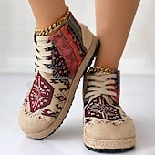 baratos Botas de tornozelo-tênis feminino boêmio com cadarço – calçados casuais de lona com estampa étnica e sola trançada, calçados leves e confortáveis para caminhada, uso diário e viagens