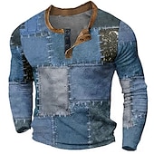 お買い得  幾何学的-男性用 グラフィック カラーブロック パッチワーク ヘンリーシャツ ワッフルTシャツ 長袖 3Dプリント ファッション デザイナー カジュアル スポーツ・アウトドア 祝日 祭り 春 &amp; 秋 イエロー ブルー ブラウン グレー ヘンリー ヘンリーTシャツ