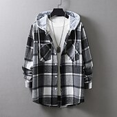 cheap Men&#039;s  Overshirts-Men&#039;s Shirt Casual Shirt Plaid Shirt Button Up Shirt Overshirt Plaid / Check Outdoor Daily Wear Yellow Blue Orange Green Long Sleeve Hooded Fall &amp; Winter Clothing Apparel Front Pocket