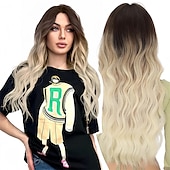 economico Parrucche trendy sintetiche-Parrucca bionda per donna parrucca bionda lunga ondulata in pizzo, parrucca bionda sintetica con parte centrale, parrucche bionde ombre per la festa quotidiana