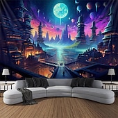 رخيصةأون Tapestries Blacklight-نسيج أسود يتفاعل مع الأشعة فوق البنفسجية ويتوهج في الظلام للحفلات المضيئة النيونية الضبابية المصرية المعمارية معلقة على الحائط لتزيين غرفة المعيشة وغرفة النوم