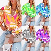 cheap Women&#039;s Graphic Tops-Women&#039;s Shirt Blouse Fashion Buttons Print Long Sleeve Regular Tops Shirt Collar Casual Blue Purple Green Gray Spring &amp;  Fall