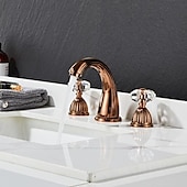 cheap Multi Holes-Widespread Bathroom Sink Mixer Faucet, 3 Holes 2 Handle Basin Tap, Retro Style Crystal Handle Brass Bathroom Sink Faucet Contain with Supply Lines and Hot Cold Water Hose Deck Mounted