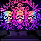 cheap Halloween Wall Tapestries-Halloween Blacklight Tapestry UV Reactive Glow in the Dark Glow Party Neon Skulls Totem Psychedelic Trippy Misty Hanging Tapestry Wall Art Mural for Living Room Bedroom