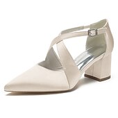cheap Semi-Formal-Elegant Women&#039;s White Satin Pointed Toe Block Heels – Crisscross Strap Design for Weddings, Formal Parties, and Special Occasions